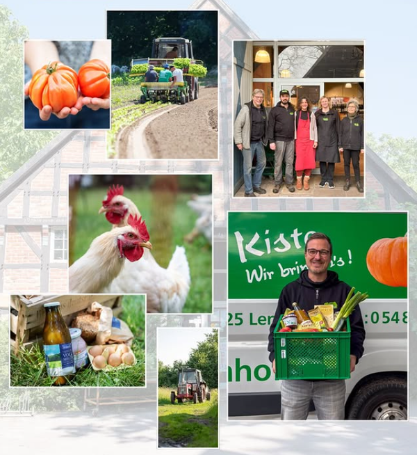 KI generiert: Collage mit Landwirtschaft, Lebensmitteln und Menschen. Text: „Kiste! Wir bringen’s!“