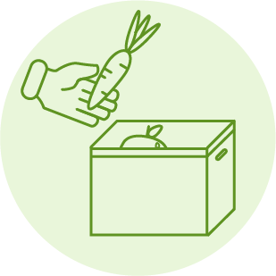 KI generiert: Ein Icon zeigt eine Hand mit einer Karotte, die in Richtung einer Kiste mit Obst geht.