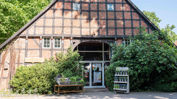 KI generiert: Fachwerkgebäude mit überdachtem Eingang, Pflanzen davor und einem Plakatständer. Text: Unleserlich.