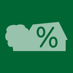 Ein Haus mit einem Prozentzeichen und einem Baum, auf grünem Hintergrund.