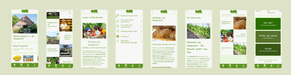 KI generiert: Mehrere App-Bildschirme zeigen Inhalte zu Hofläden und frischen Lebensmitteln.