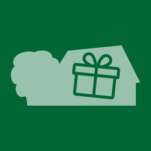 Ein grünes Bild mit einem Haus, Baum und Geschenk-Symbol. Kein Text.