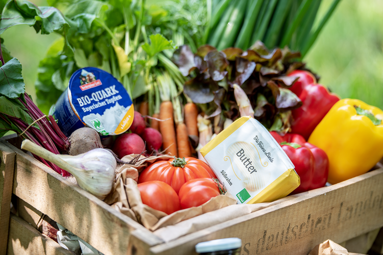 KI generiert: Ein Korb mit frischem Gemüse, Bio-Quark und Butter. Text: Bio-Quark, Butter "Süßrahm".