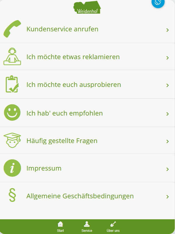 KI generiert: Menü mit Optionen: Kundenservice, Reklamation, Ausprobieren, Empfehlung, FAQ, Impressum, AGB.