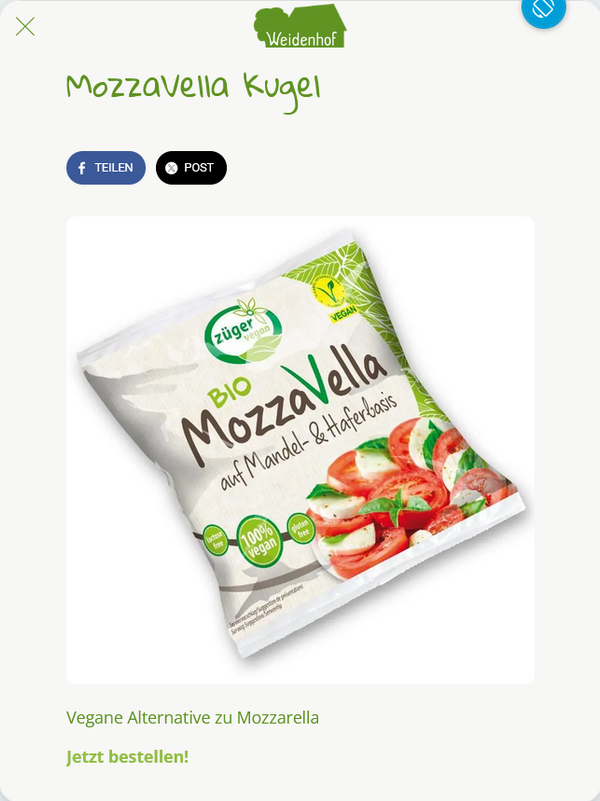 KI generiert: Eine vegane Mozzarella-Alternative auf Mandel- und Haferbasis von Weidenhof, Bio MozzaVella Kugel.