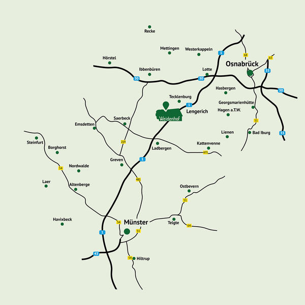 KI generiert: Karte zeigt Straßen und Städte zwischen Osnabrück und Münster mit markiertem Standort "Weidenhof".