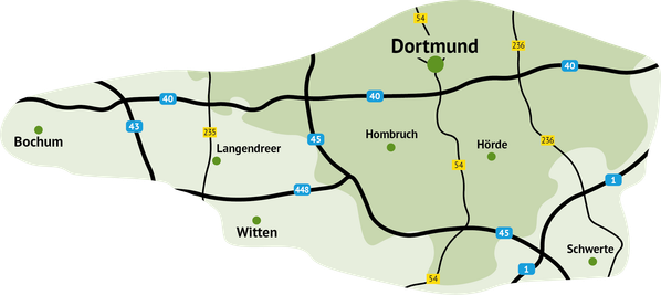 KI generiert: Kartengrafik zeigt Straßenverbindungen in Dortmund und Umgebung: Bochum, Langendreer, Witten, Hombruch, Hörde, Schwerte.