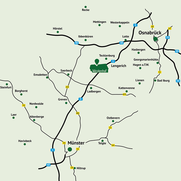 Karte der Region um Osnabrück und Münster, zeigt Straßen und Orte, einschließlich "Weidenhof" bei Lengerich.