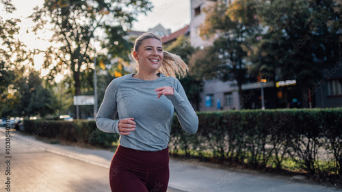 KI generiert: Frau joggt lächelnd in urbaner Umgebung bei Sonnenuntergang.