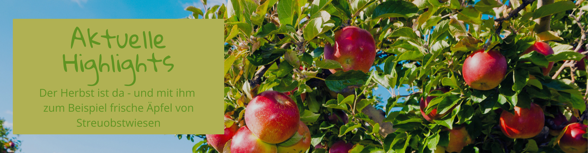 Äpfel an einem Baum, mit Text: "Aktuelle Highlights - Der Herbst ist da - und mit ihm zum Beispiel frische Äpfel von Streuobstwiesen".