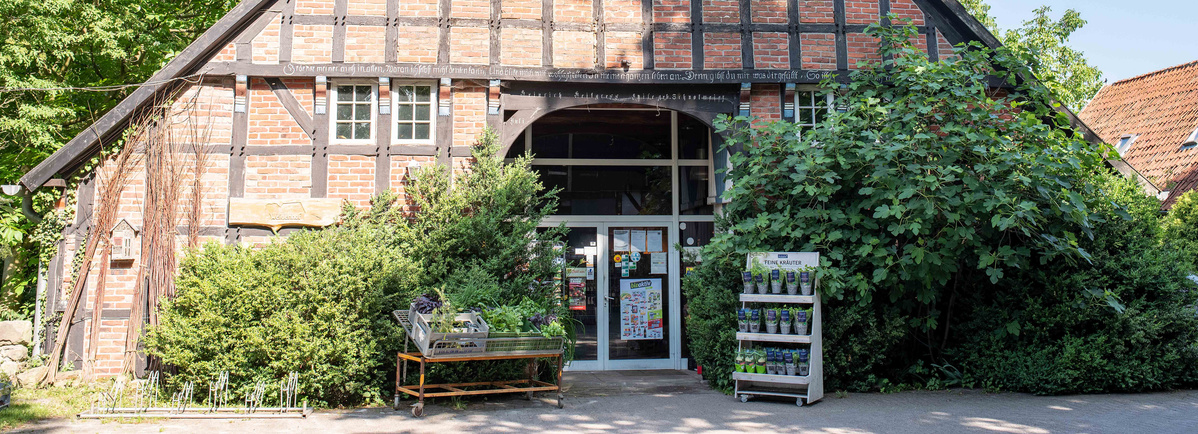 KI generiert: Ein Fachwerkhaus mit Pflanzen und einem Verkaufsstand im Freien.