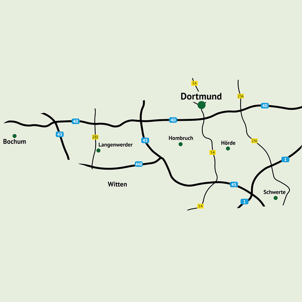 Eine Karte zeigt Städte und Straßen in der Nähe von Dortmund.