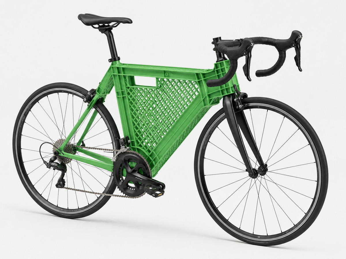 KI generiert: Ein Rennrad mit einem grünen Fahrradrahmen aus einem Plastikkorb.