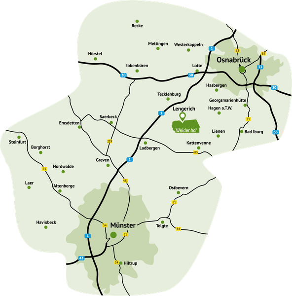 KI generiert: Karte der Region um Osnabrück und Münster mit hervorgehobenen Straßen und Orten. Hauptfokus: Weidenhof.