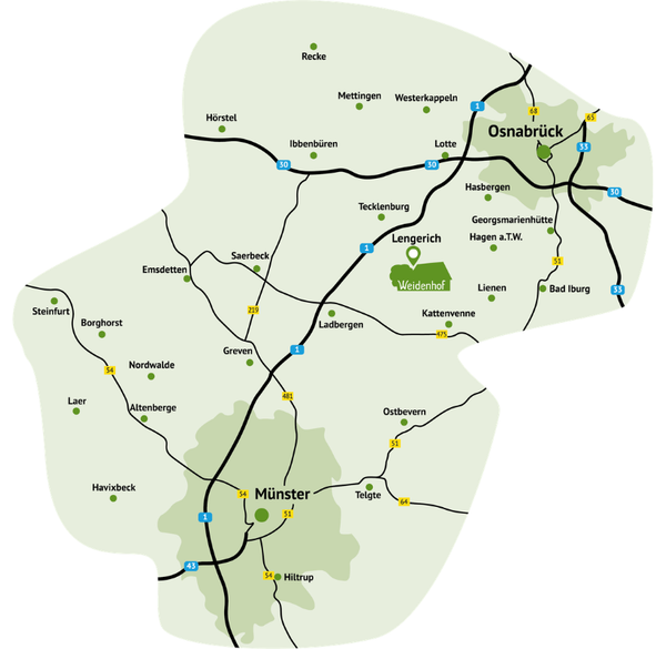 KI generiert: Karte von Osnabrück bis Münster, markiert Weidenhof in Lengerich; Straßen und Orte sind eingezeichnet.