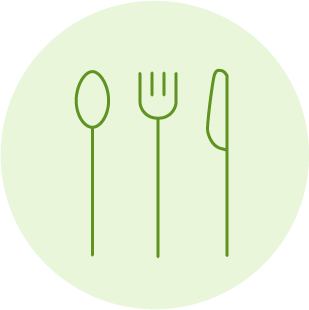 KI generiert: Grünes Symbol mit Löffel, Gabel und Messer auf hellem Hintergrund.